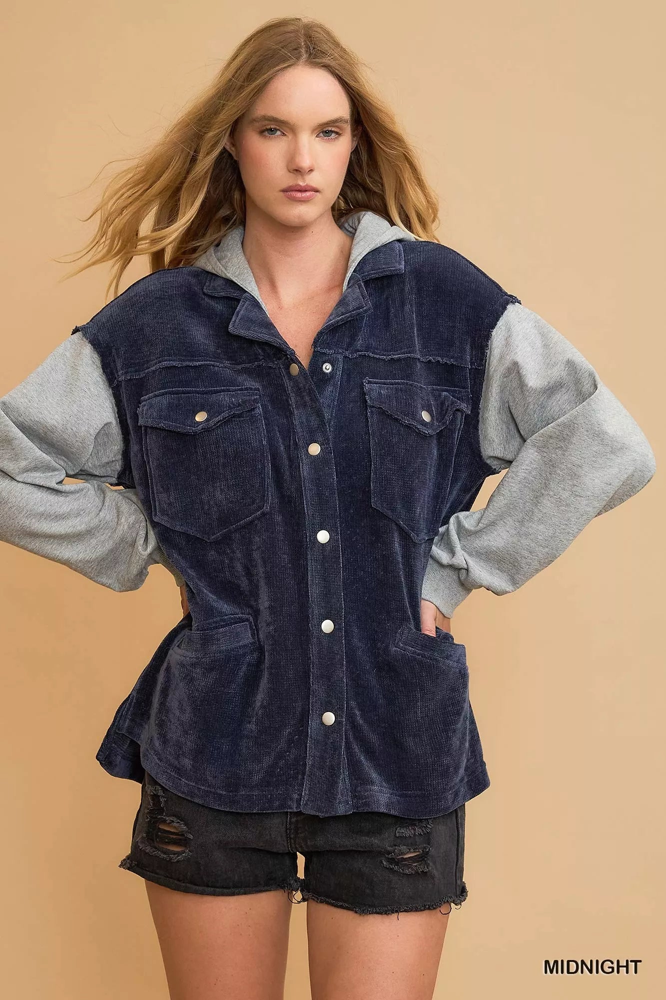 Umgee Contrast Hooded Chenille Jacket on Simply Obsessed