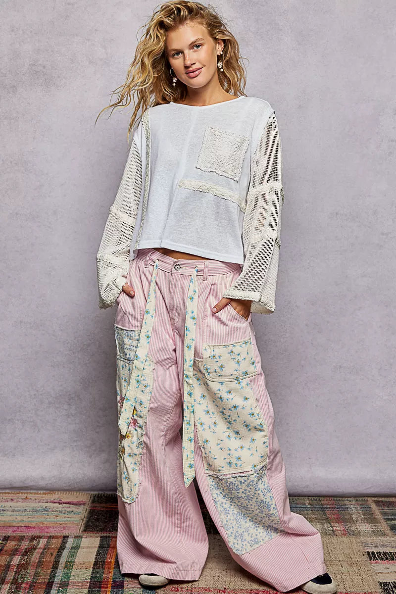 POL Round Neck Washed Top with Crochet See Through Sleeves on Simply Obsessed