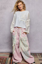 POL Round Neck Washed Top with Crochet See Through Sleeves on Simply Obsessed