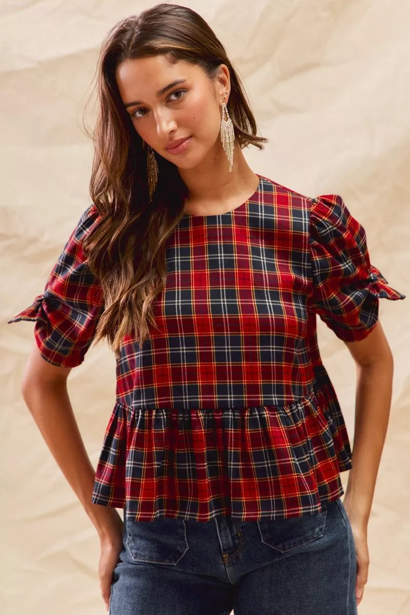 SO ME Christmas Holiday Plaid Ribbon Short Sleeves Top on Simply Obsessed