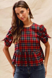 SO ME Christmas Holiday Plaid Ribbon Short Sleeves Top on Simply Obsessed