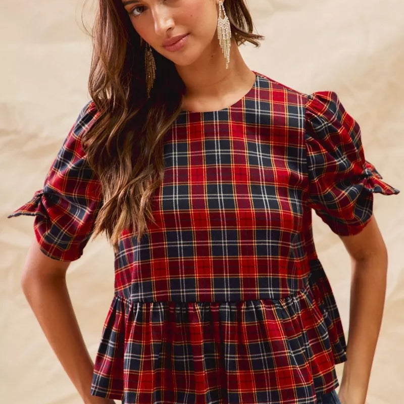 SO ME Christmas Holiday Plaid Ribbon Short Sleeves Top on Simply Obsessed