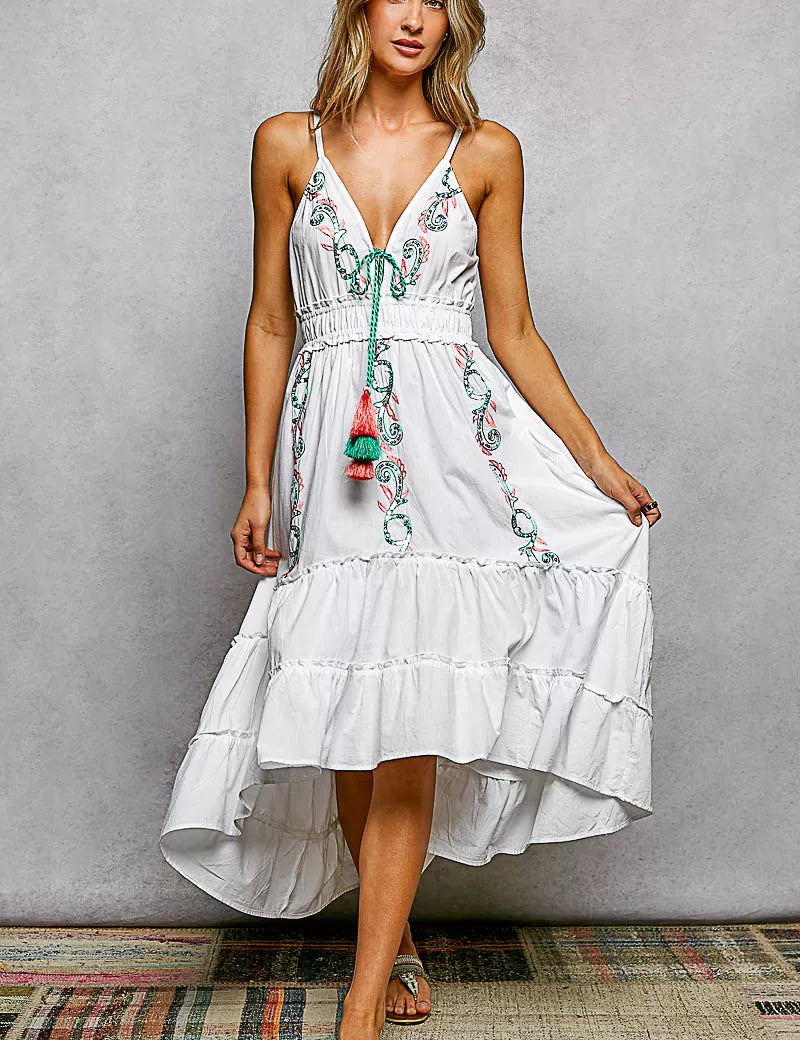 POL Embroidered Detail Tassel Tie Smocked Waist Midi Tiered Cami Dress on Simply Obsessed