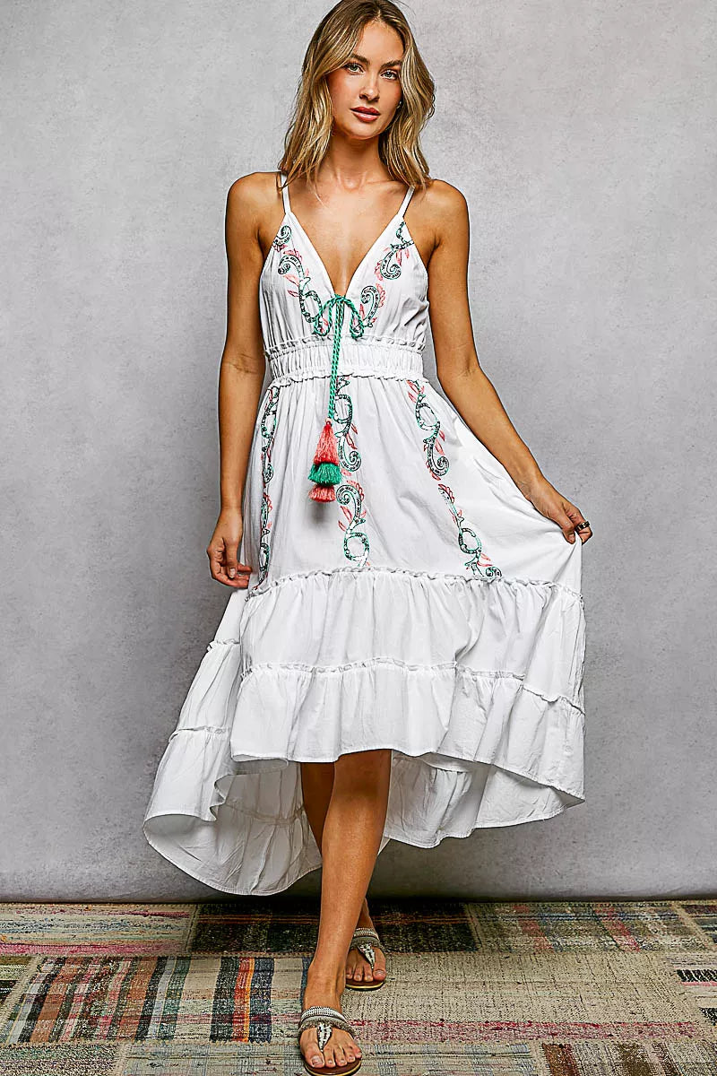 POL Embroidered Detail Tassel Tie Smocked Waist Midi Tiered Cami Dress on Simply Obsessed