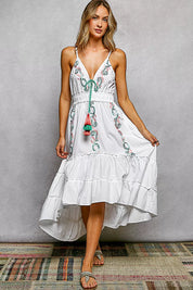 POL Embroidered Detail Tassel Tie Smocked Waist Midi Tiered Cami Dress on Simply Obsessed