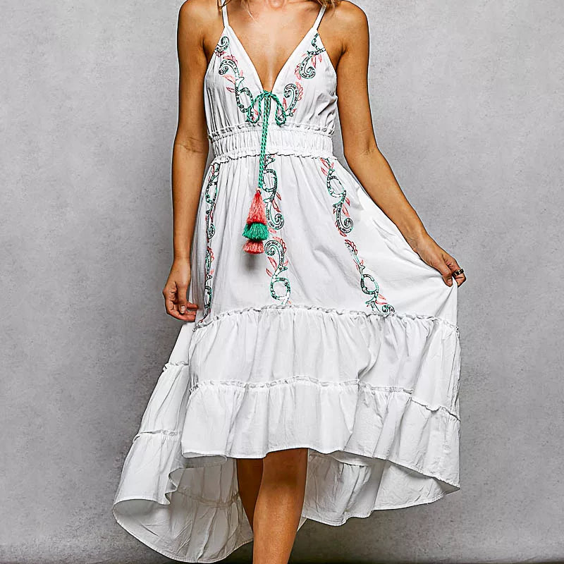 POL Embroidered Detail Tassel Tie Smocked Waist Midi Tiered Cami Dress on Simply Obsessed