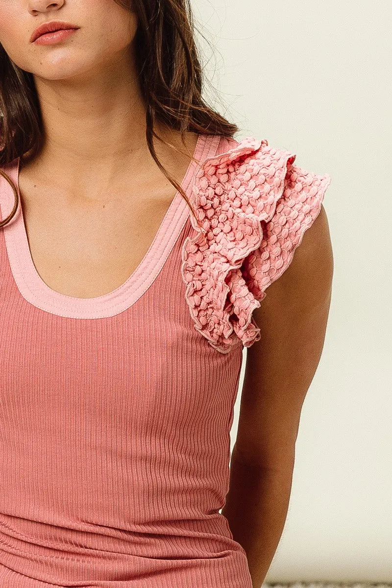 BiBi Rib Knit With Textured Ruffled Top on Simply Obsessed