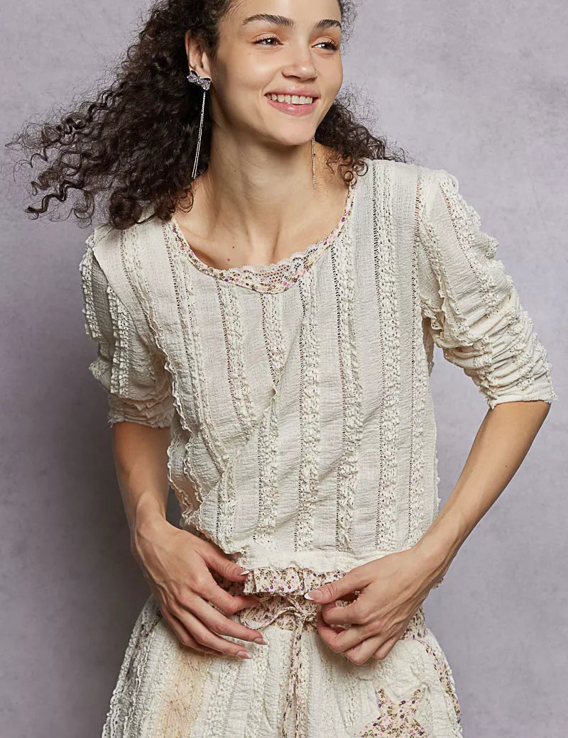 POL Texture Long Sleeve Blouse with Floral Ruffled on Simply Obsessed