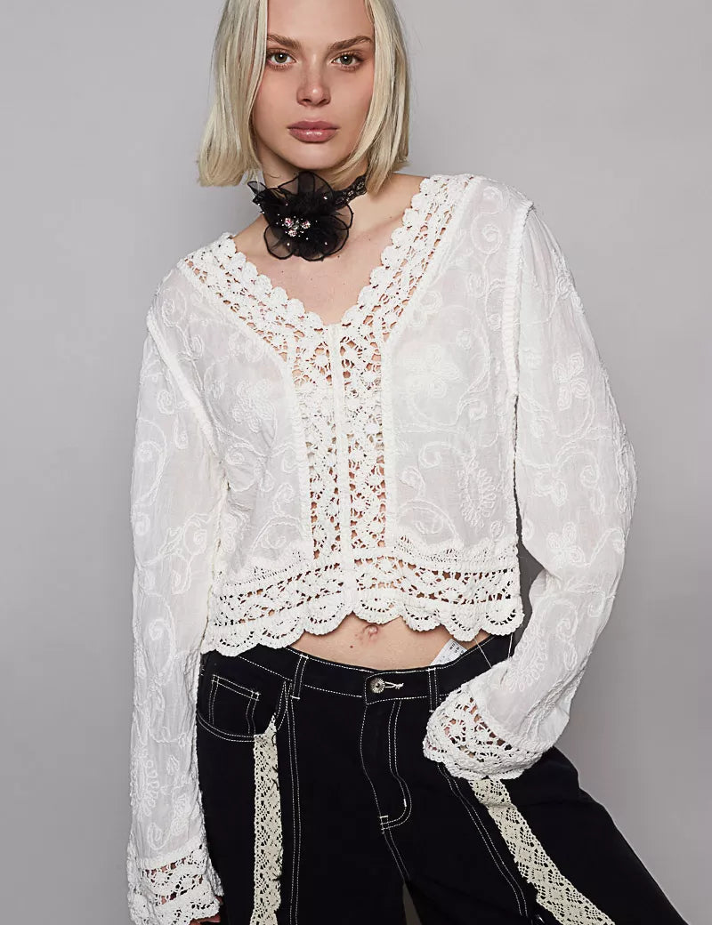 POL Long Sleeve Cropped Crochet Top with Floral Embroidery Detail on Simply Obsessed