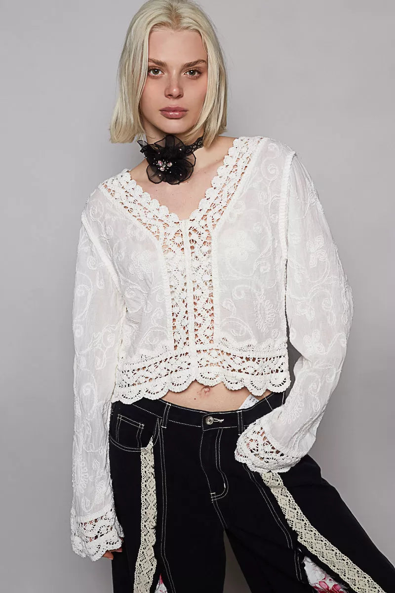 POL Long Sleeve Cropped Crochet Top with Floral Embroidery Detail on Simply Obsessed