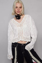POL Long Sleeve Cropped Crochet Top with Floral Embroidery Detail on Simply Obsessed