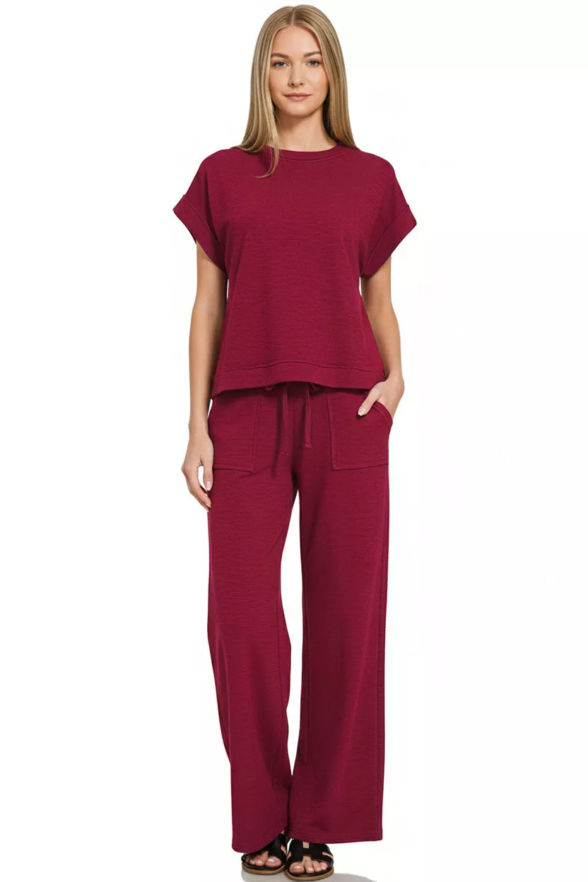 ZENANA Cotton Slub Short Sleeve Tee and Pants Set on Simply Obsessed