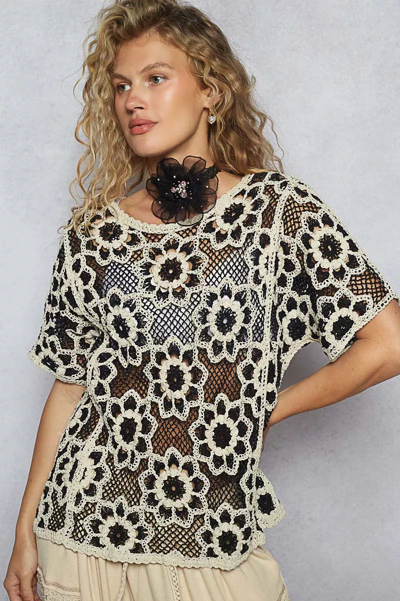 POL Openwork Short Sleeve Crochet Knit Top with Weave Knit Patterns on Simply Obsessed