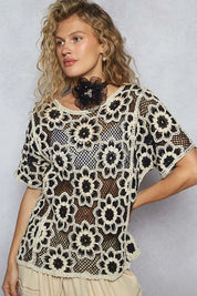 POL Openwork Short Sleeve Crochet Knit Top with Weave Knit Patterns on Simply Obsessed