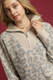 Umgee Leopard Print Quarter-Zip Knit Sweater on Simply Obsessed