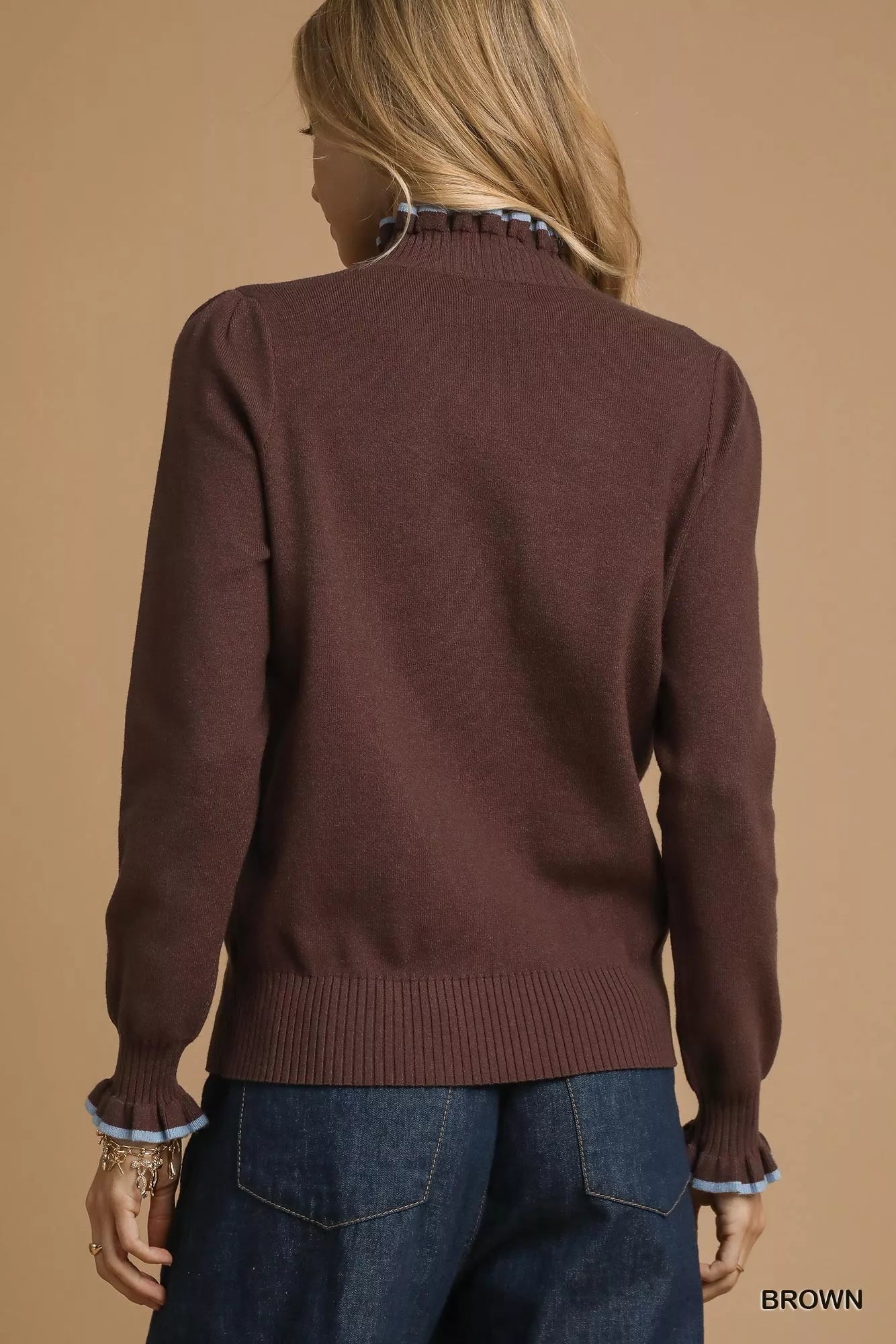 Umgee Ribbed Round Neck Sweater with Ruffle Contrast Trim on Simply Obsessed