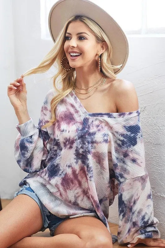 BIBI Tie-Dye V-Neck Long Sleeve Waffle Top on Simply Obsessed