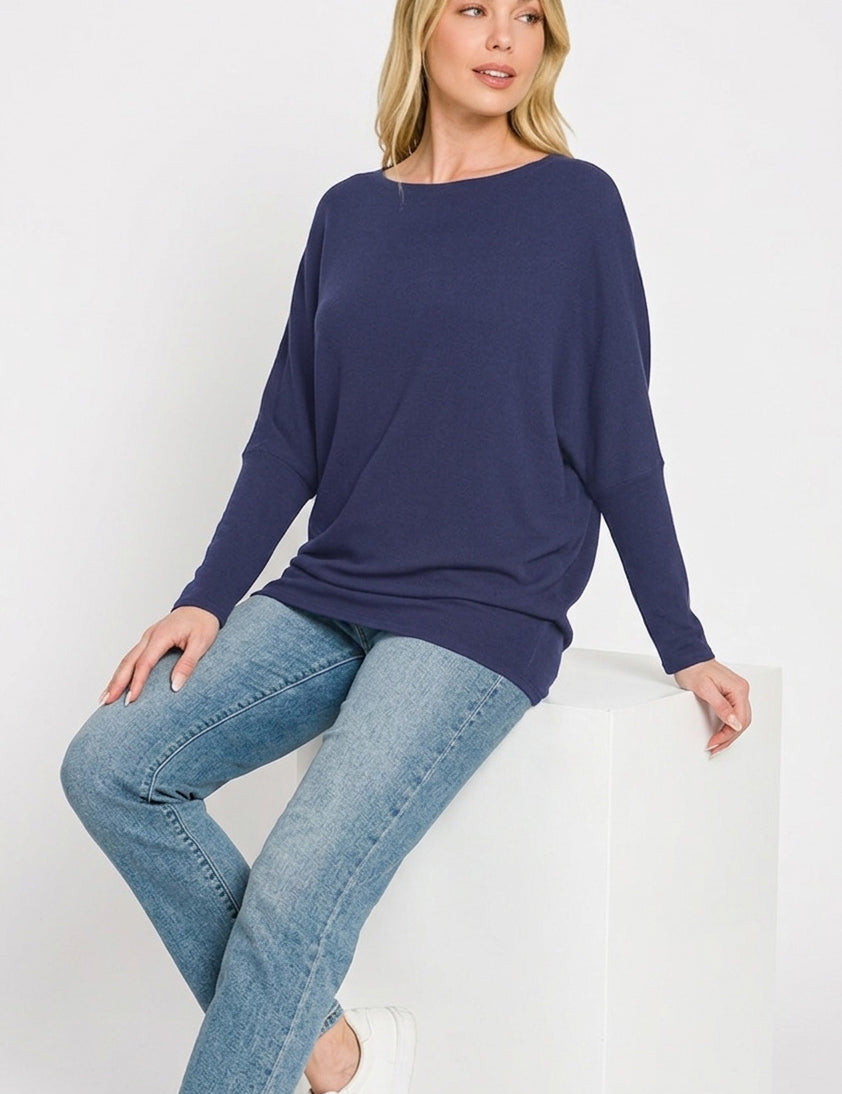 ZENANA Hacci Dolman Sleeve Boat Neck Top on Simply Obsessed