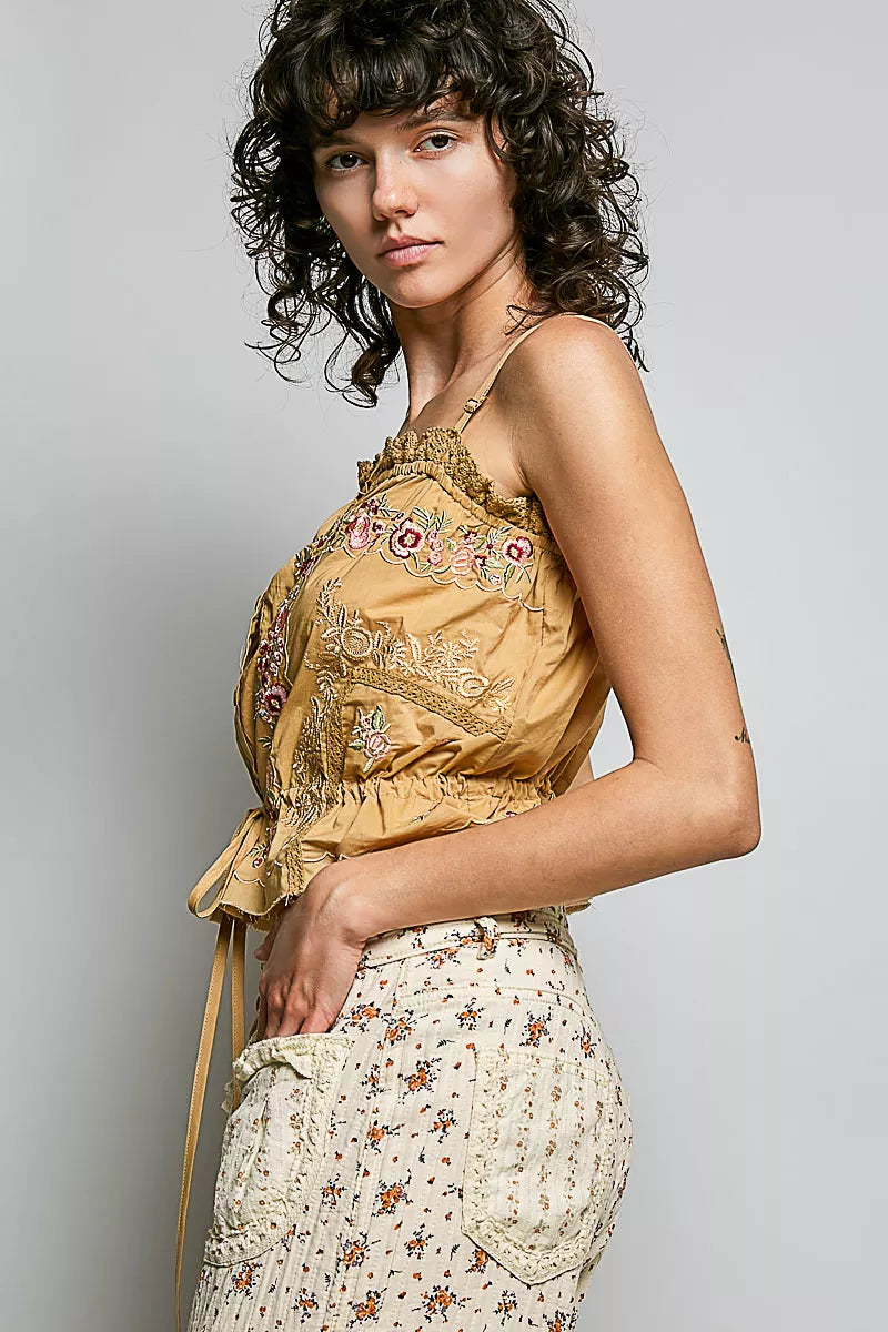 POL Button Down Floral Embroidered Cropped Cami with Lace Detail on Simply Obsessed