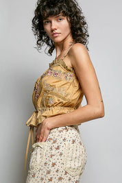 POL Button Down Floral Embroidered Cropped Cami with Lace Detail on Simply Obsessed