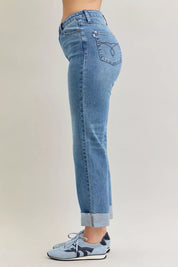Judy Blue High Waist Bf Criss-cross Mild Destroy Jeans with Single Cuff on Simply Obsessed