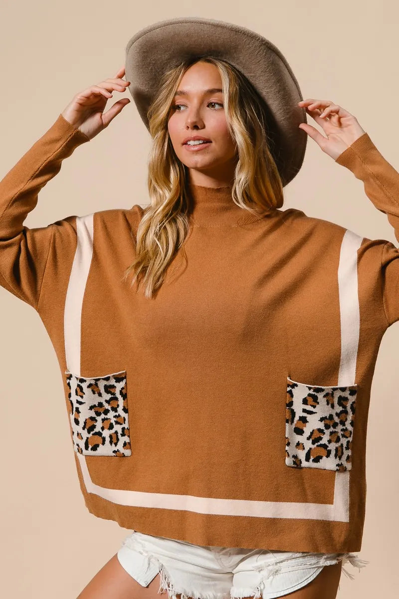BiBi Mock Neck Sweater with Leopard Pocket on Simply Obsessed