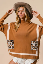 BiBi Mock Neck Sweater with Leopard Pocket on Simply Obsessed