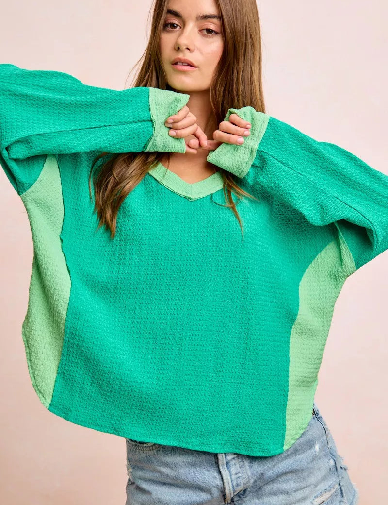 BIBI Textured Jersey Color Block Top With Cut Edge on Simply Obsessed