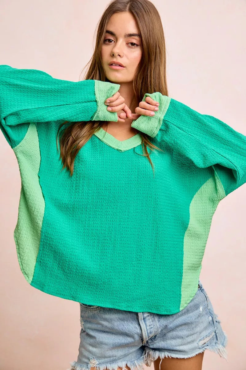 BIBI Textured Jersey Color Block Top With Cut Edge on Simply Obsessed