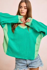 BIBI Textured Jersey Color Block Top With Cut Edge on Simply Obsessed