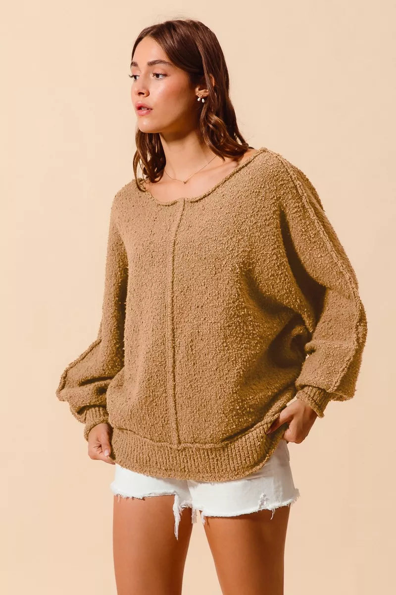 SO ME Loose Fit Exposed Seam Slouchy Boucle Sweater on Simply Obsessed