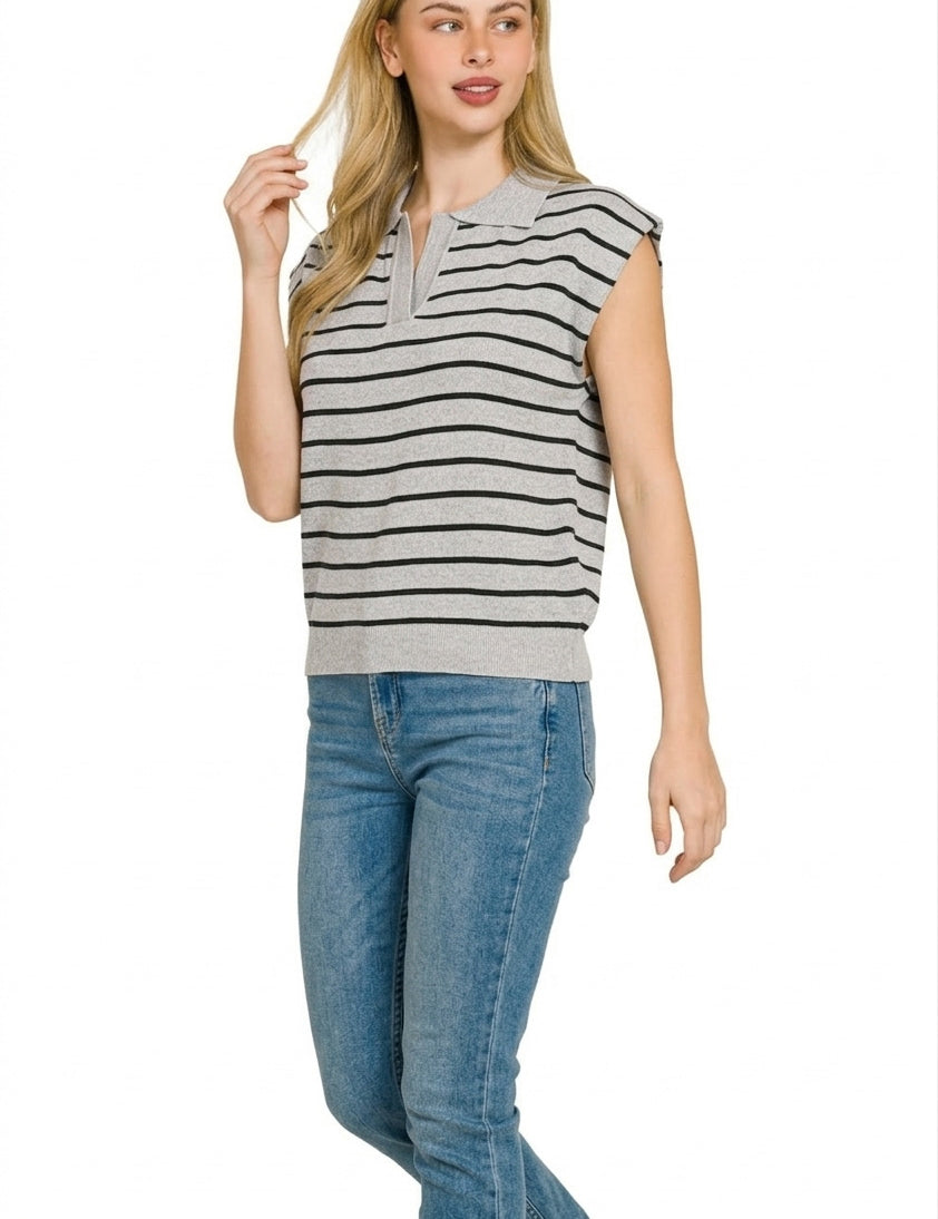 ZENANA Viscose Striped Collared Sweater Vest on Simply Obsessed