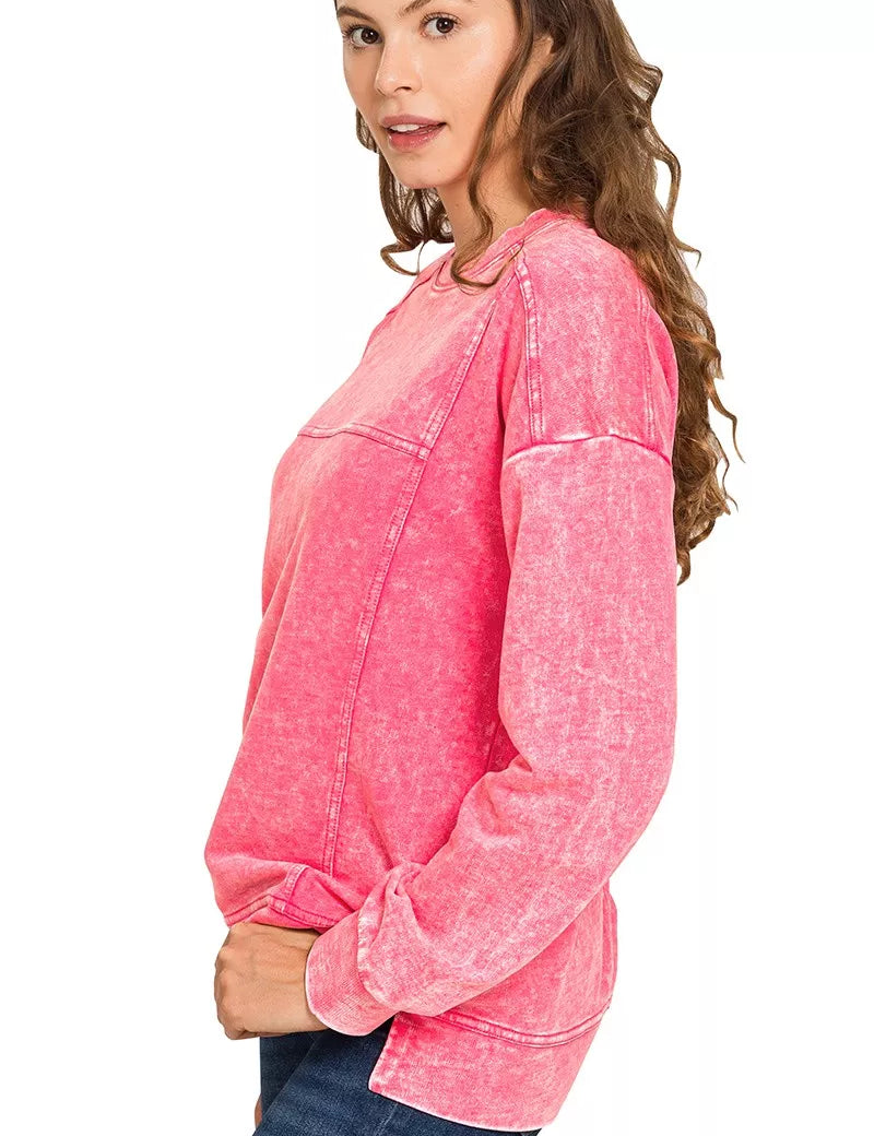 ZENANA Acid Wash French Terry Exposed-Seam Pullover on Simply Obsessed