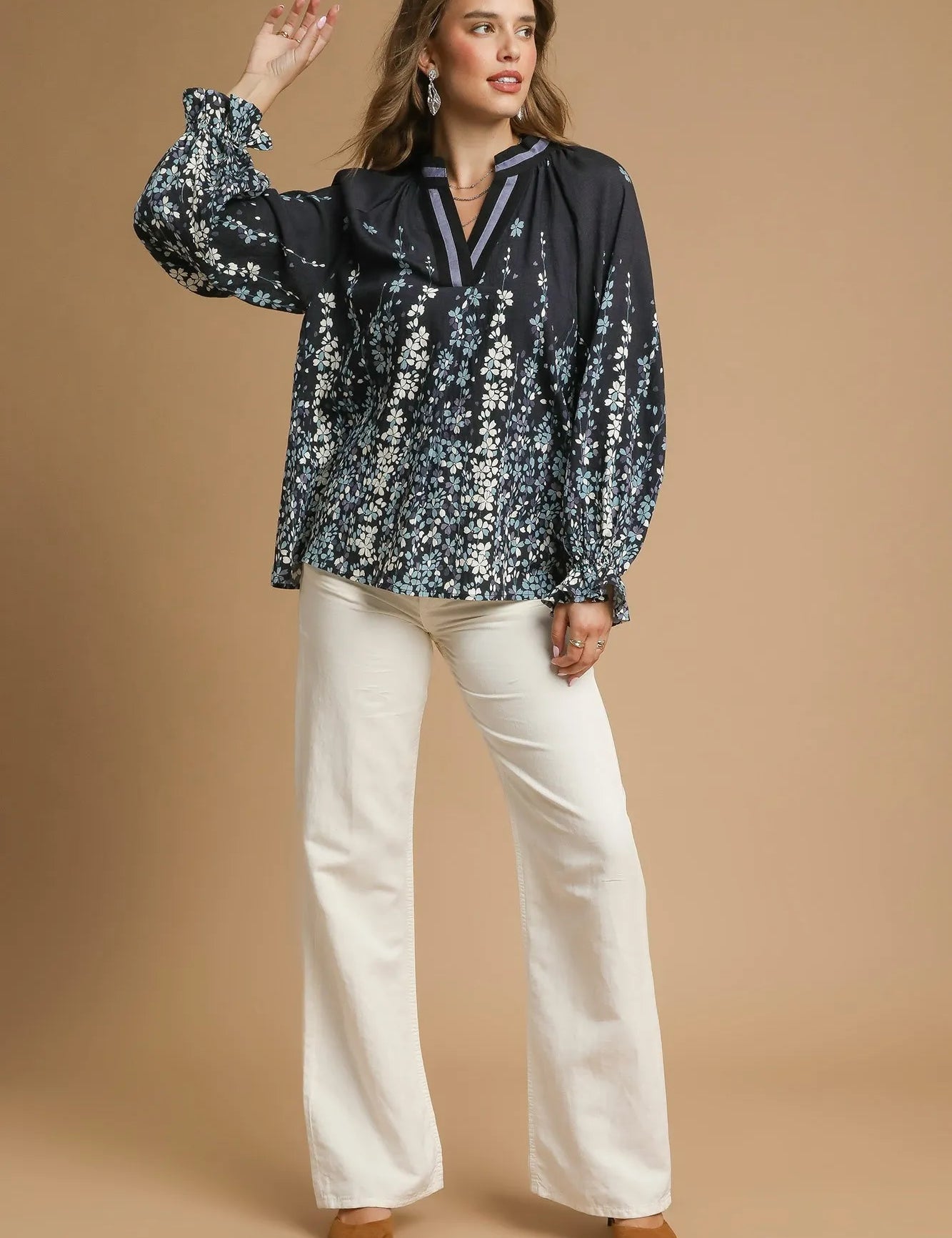 Umgee Full Size Floral Vine Print Blouse with Balloon Sleeves Plus Size on Simply Obsessed