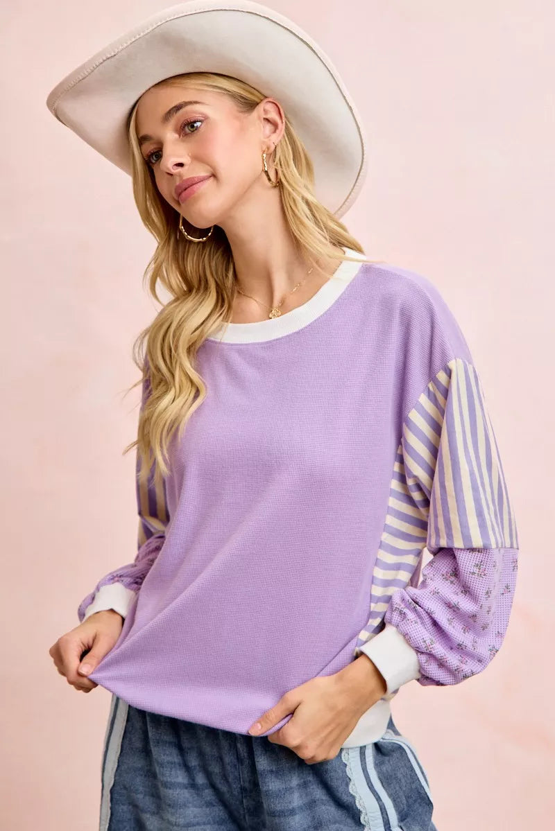 BiBi Mix and Match Sweatshirt with Floral Sleeve Striped on Simply Obsessed