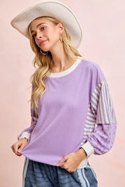 BiBi Mix and Match Sweatshirt with Floral Sleeve Striped on Simply Obsessed
