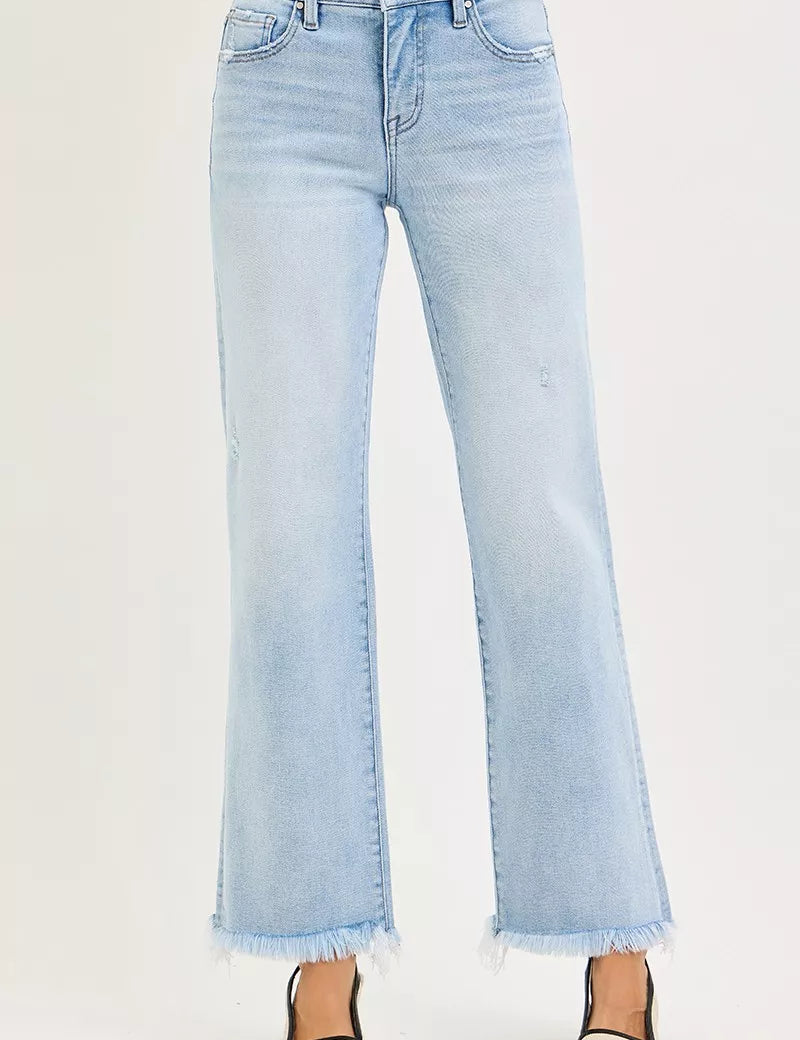 RISEN Tummy Control Mid Rise Ankle Straight Fray Hem Jeans on Simply Obsessed