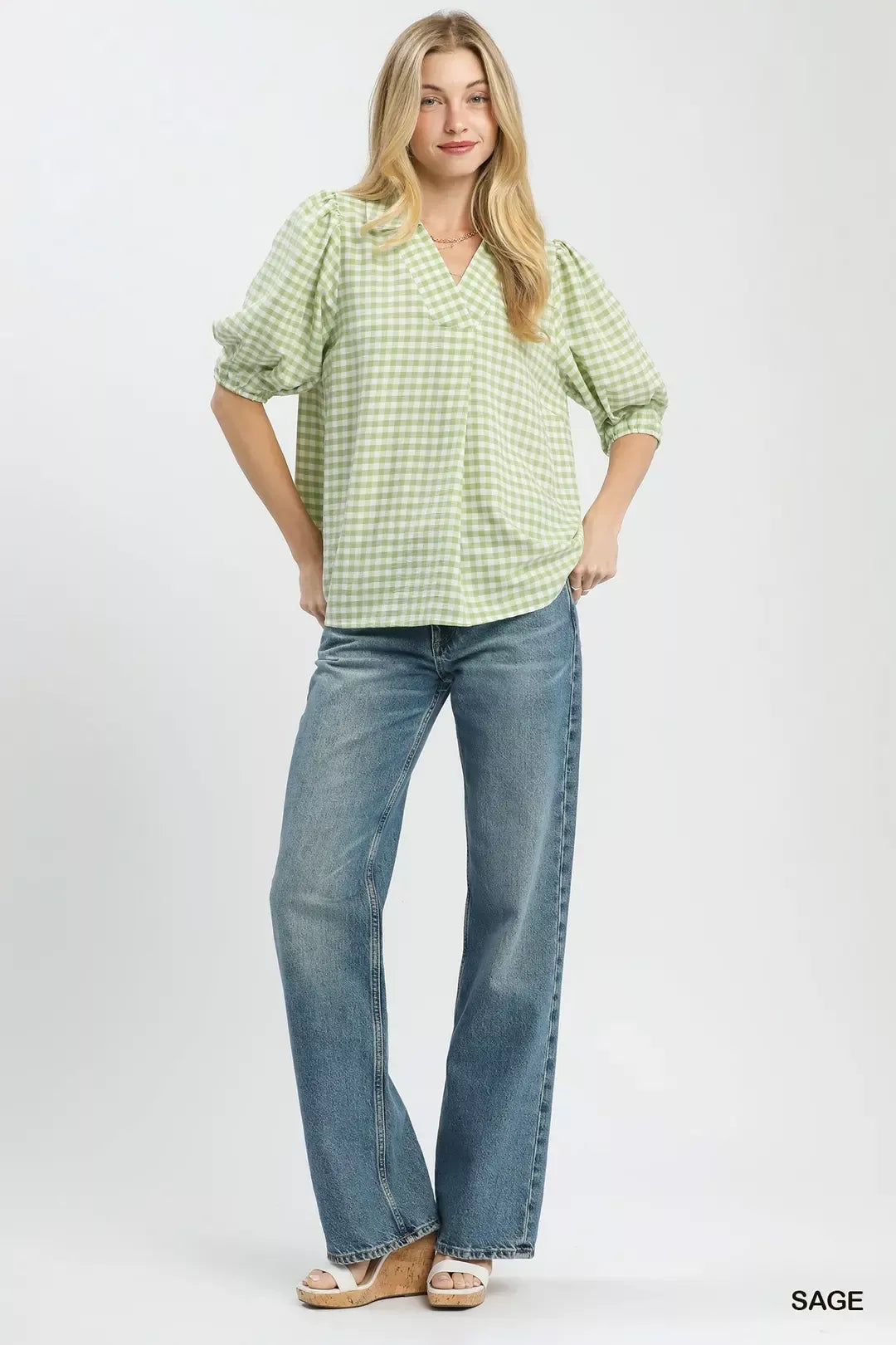 UMGEE Gingham Puff Sleeve Collared Blouse on Simply Obsessed