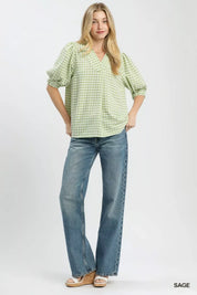UMGEE Gingham Puff Sleeve Collared Blouse on Simply Obsessed
