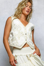 POL Embroidered Floral V-Neck Button Down Crochet Vest on Simply Obsessed