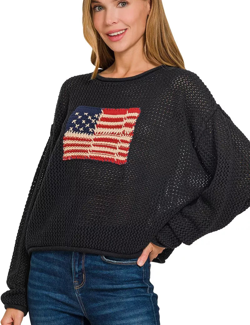 Zenana Zenana American Flag Crew Neck Sweater on Simply Obsessed