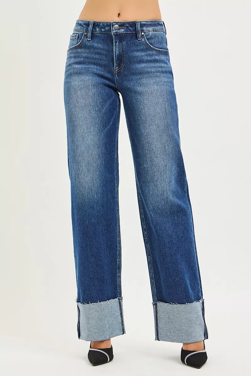 RISEN Mid Rise Wide Straight Jeans With Wide Cuff on Simply Obsessed