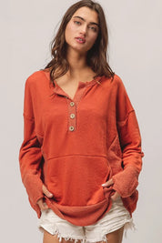 BiBi French Terry Knit Side Block Buttoned Henley Top on Simply Obsessed