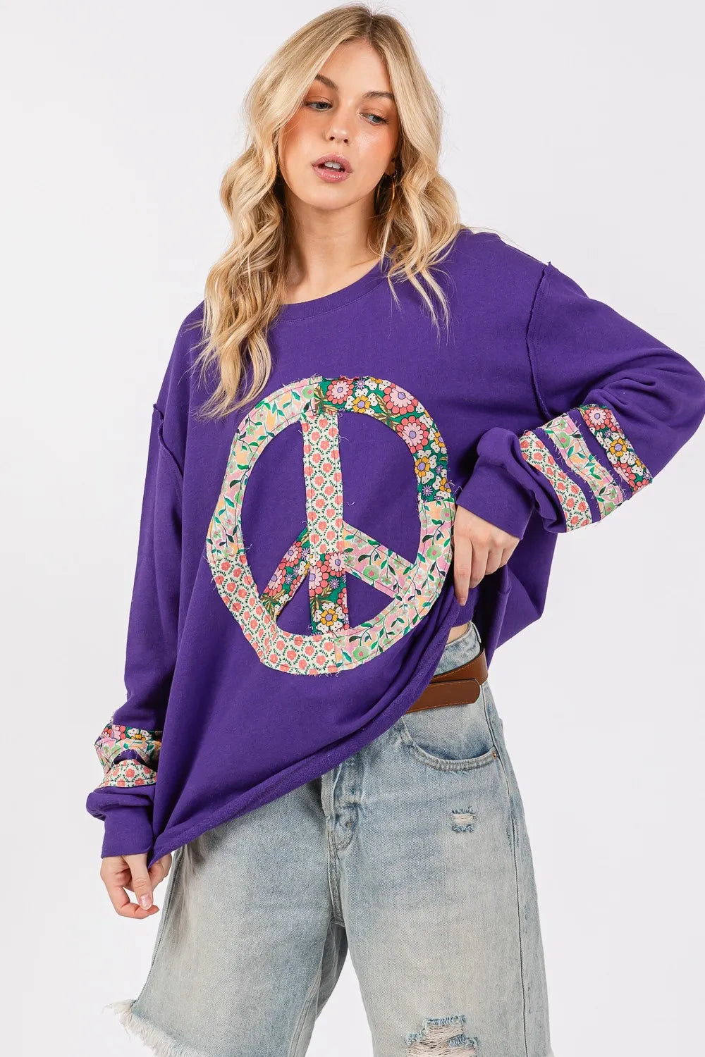 SAGE+FIG Peace Applique Patch Long Sleeve Top on Simply Obsessed