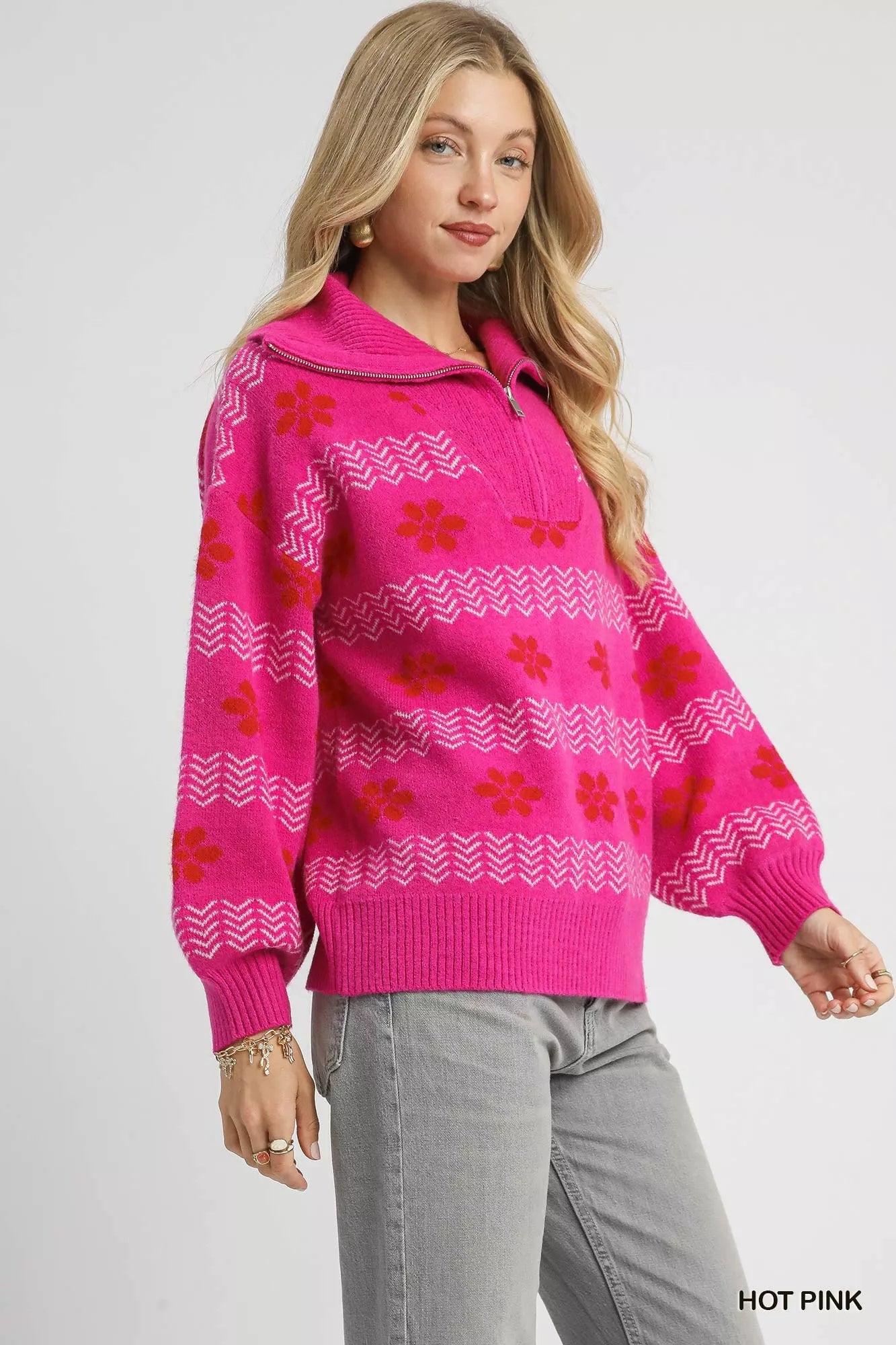 Umgee Floral Patterned Jacquard Quarter-Zip Pullover Sweater on Simply Obsessed