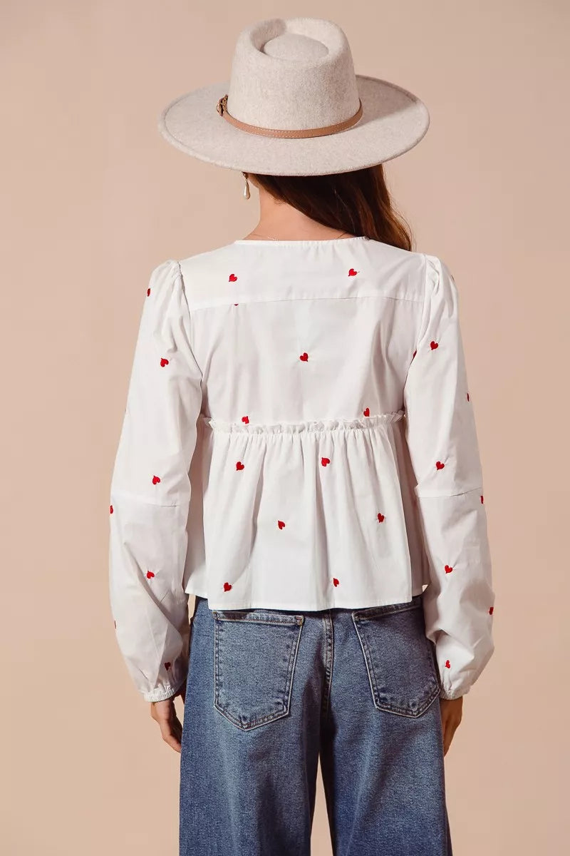 SO ME Front Tie Heart Embroidered Blouse With Puff Sleeve on Simply Obsessed