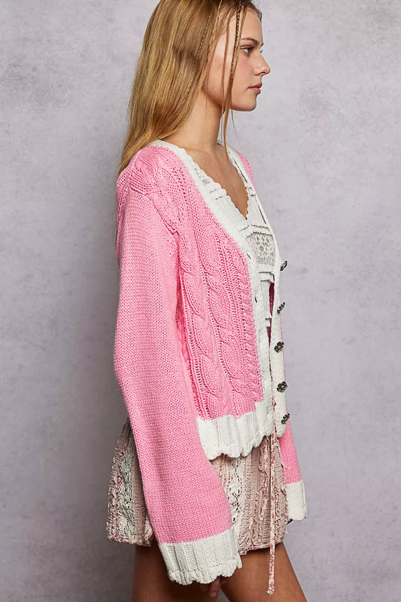 POL Button Down Cable-Knit Cardigan with Contrast Border Accents on Simply Obsessed