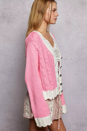 POL Button Down Cable-Knit Cardigan with Contrast Border Accents on Simply Obsessed