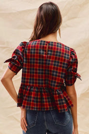 SO ME Christmas Holiday Plaid Ribbon Short Sleeves Top on Simply Obsessed