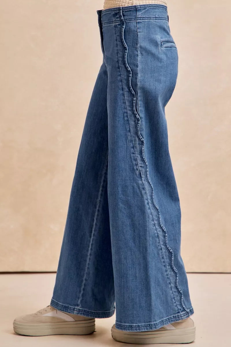 BIBI Wavy Side Edge Detail Lined Wide Leg Jeans on Simply Obsessed